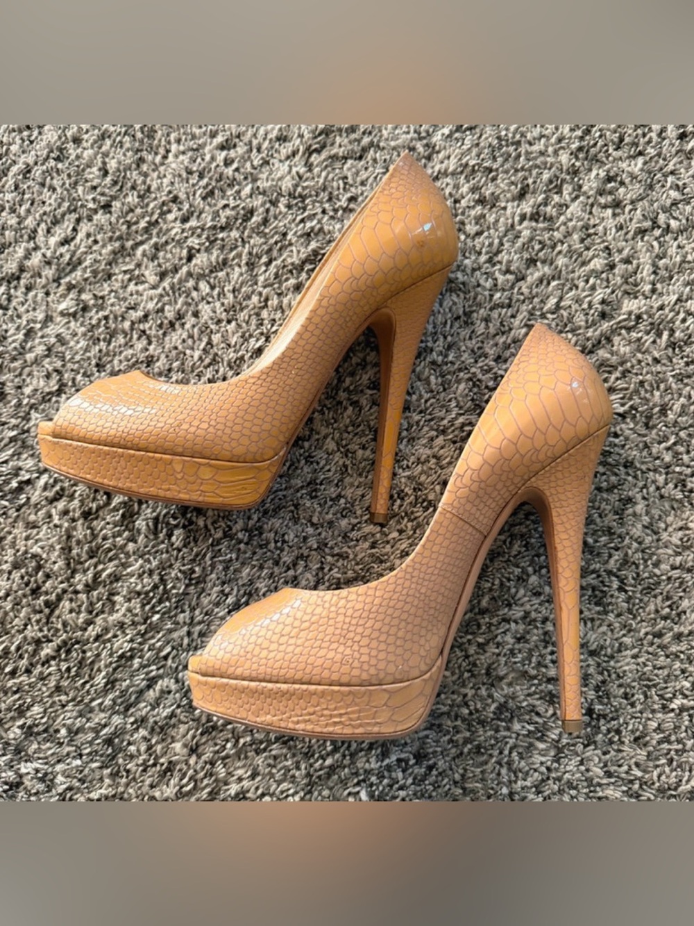 Casadei Tan Python Embossed Leather Peep-Toe Platform Pumps - Size 9